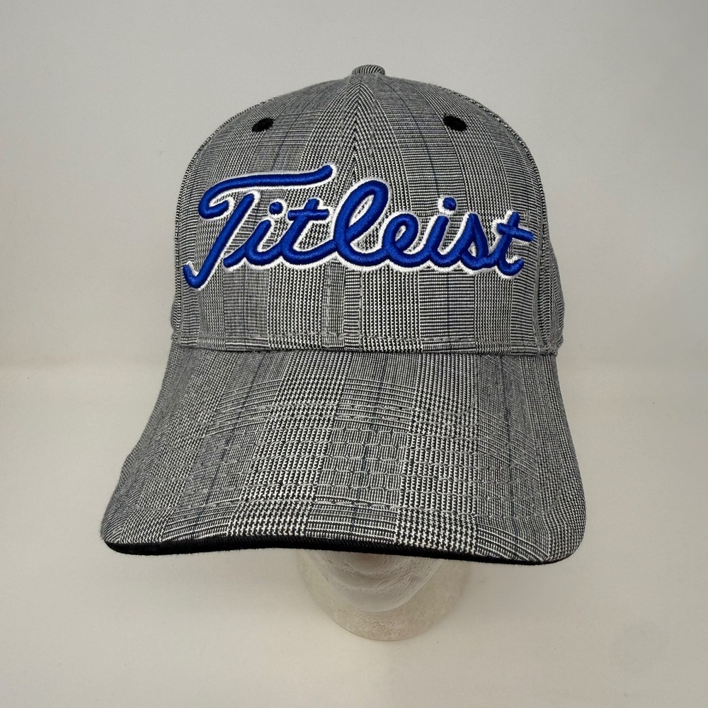 Titleist Golf Hat Mens Grey Black Glen Plaid Blue Embroidered Logo Strapback Cap